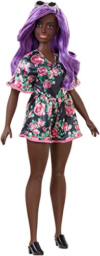 バービー Barbie ファッショニスタ125 花柄とピンクのトリムが付いたサニーブラックのドレス 紫色の髪　FXL58｜angelica