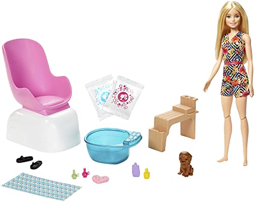 バービー バービーあやつり人形 Barbie Mani-Pedi Spa Playset with Blonde Doll, Puppy, Foot Spa \u0026 Accessories, 2 Fizzy Packs Create Foaming Foot Bath, Color-Change on Doll’s Nails for Repeat Manicures \u0026 Pedicures, 3-7 Yearsバービー バービーあやつり人形