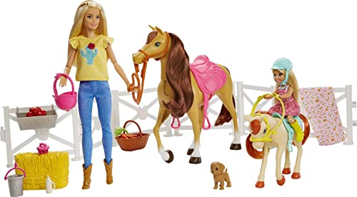 バービー バービーあやつり人形 Barbie Playset and Chelsea Blonde Dolls, 2 Horses with Bobbling Heads and 15+ Toy Accessories That Include Corral Fencing, Feeding, Grooming, Nurturing and Horseback Riding Pieces, 3Y+バービー バービーあやつり人形