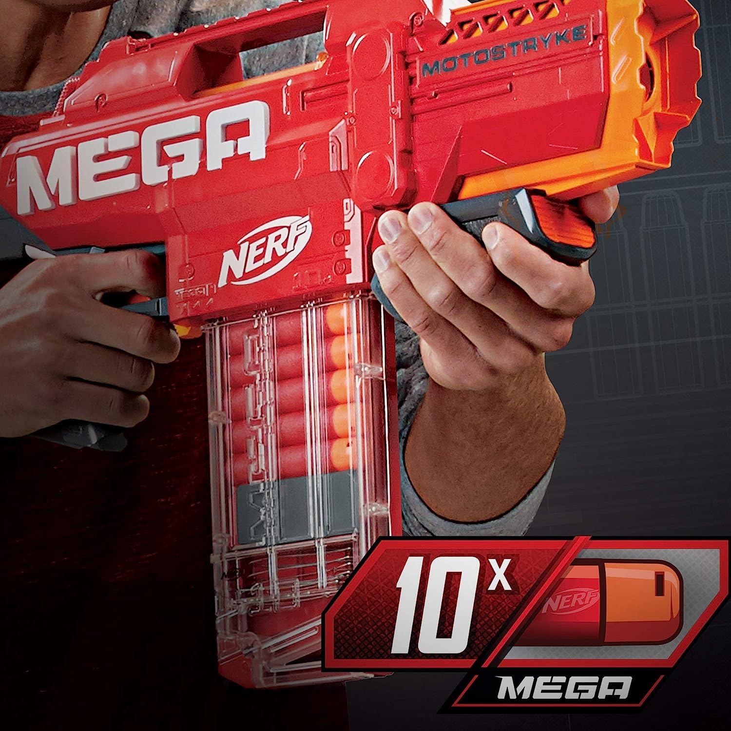 楽天市場 送料無料 ナーフ Nerf メガ モトストライク 電動ブラスター 10個のnerfメガダーツとダーツクリップ E6473 単2電池使用 Angelica