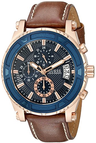 ウォッチ ゲス GUESS メンズ U0673G3 GUESS Brown + Blue Genuine Leather Chronograph Watch with Date Function. Color: Brown (Model: U0673G3)ウォッチ ゲス GUESS メンズ U0673G3