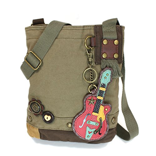 chala バッグ パッチ カバン かわいい Canvas Cotton Cross-body Tote Bags with GUITAR Key Fob/Coin Purse and Zipper Closure (Olive)chala バッグ パッチ カバン かわいい｜angelica