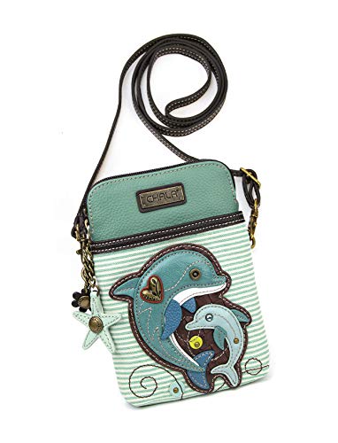 chala 御徒面子 継ぎ切れ 鞄 愛くるしい CHALA Ocean Collection Cell Phone Crossbody Purse-Women PU Leather/Canvas Multicolor Handbag with Adjustable Strap - Dolphin - teal stripechala 御徒面子 継ぎ切れ 鞄 愛くるしい