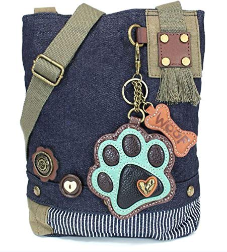 chala バッグ パッチ カバン かわいい Chala Patch Cross-Body Women Handbag, Blue Denim Canvas Messenger Bag - Paw Print Teal - Denimchala バッグ パッチ カバン かわいい