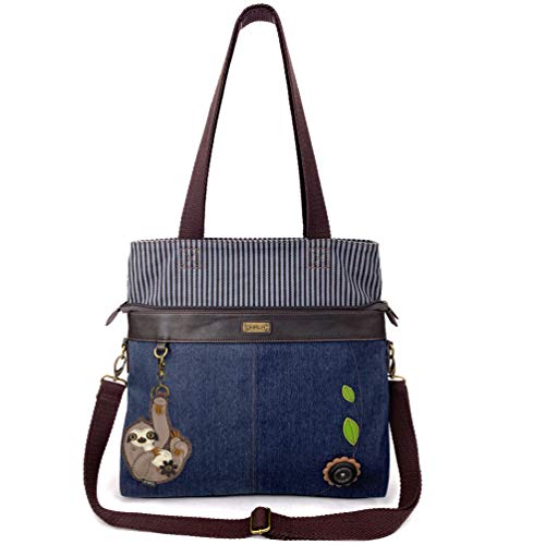 chala バッグ パッチ カバン かわいい CHALA Denim Convertible Stripe Work Tote in Navy Blue (Coin Purse_ Sloth)chala バッグ パッチ カバン かわいい｜angelica