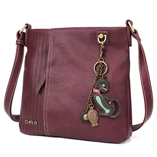 chala 御徒面子 継ぎ切れ 鞄 愛くるしげ CHALA Laser Cut Crossbody Faux Leather - Mini Keychain Cat - Plumchala 御徒面子 継ぎ切れ 鞄 愛くるしげ