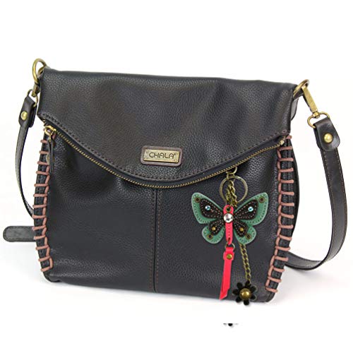 chala バッグ パッチ カバン かわいい Chala Charming Crossbody Bag with Zipper Flap Top and Metal Chain - Black (Teal Butterfly)chala バッグ パッチ カバン かわいい