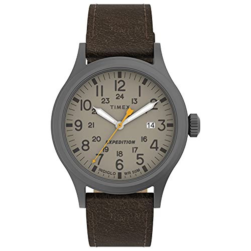 腕時計 タイメックス メンズ Timex Men Expedition Scout 40mm Watch ? Gunmetal Case Khaki Dial with Dark Brown Leather Strap腕時計 タイメックス メンズ