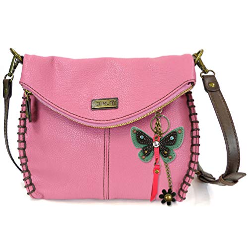 chala バッグ パッチ カバン かわいい CHALA Charming Crossbody Bag With Flap Top | Flap and Zipper Cross-Body Purse or Shoulder Handbag with Metal Chain - Pink (Teal Butterfly)chala バッグ パッチ カバン かわいい