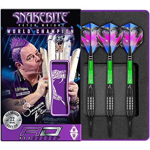 海外輸入品 ダーツ Peter Wright Snakebite Black Strike 20g Barrel, 22g Full Weight Softip Tungsten Darts with Flights Stems海外輸入品 ダーツ