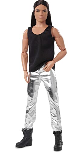 バービー バービーあやつり人形 Barbie Signature Looks Ken Doll (Long Brunette Hair) Fully Posable Fashion Doll Wearing Black Tank Top \u0026 Metallic Pants, Gift for Collectorsバービー バービーあやつり人形