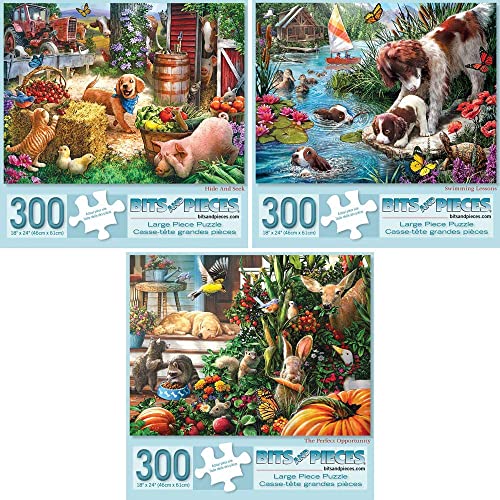 ジグソーパズル 海外製 アメリカ Bits and Pieces - 300 Piece Jigsaw Puzzles for Adults - Value Set of Three (3) - Puppy Collection Large Piece Jigsaws by Artist Larry Jones - 18”x24”ジグソーパズル 海外製 アメリカ