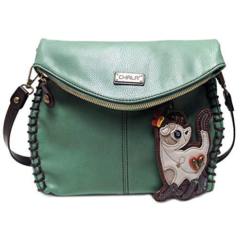 chala 御徒面子 継ぎ切れ 鞄 愛くるしい Chala Charming Teal Crossbody Bag With Flap Top and Zipper or Shoulder Handbag (Coin Purse_ Slim Cat)chala 御徒面子 継ぎ切れ 鞄 愛くるしい
