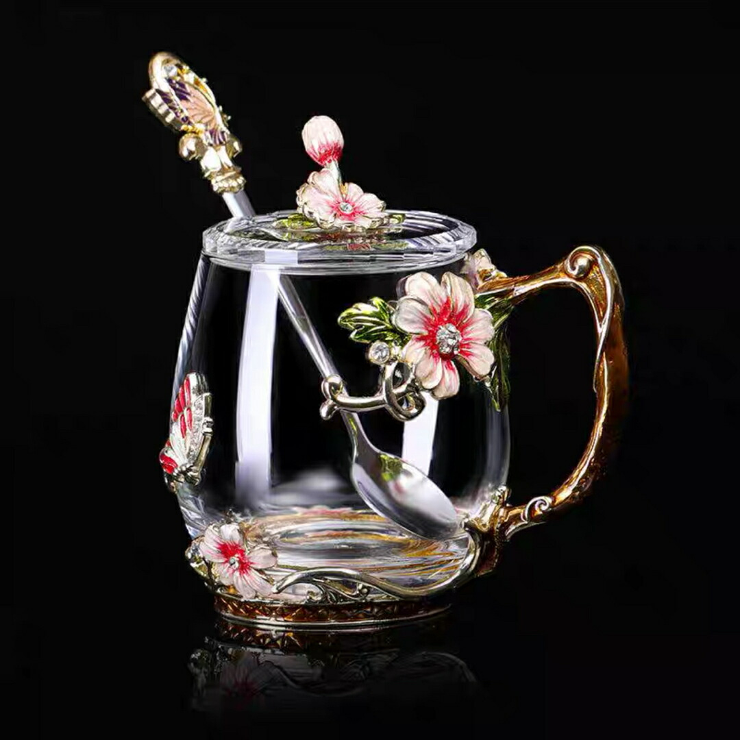 ガラス製ティー・コーヒーカップセット ~カップ3点セット 花柄 上品琺瑯彩カップ｜SSG SHOP
