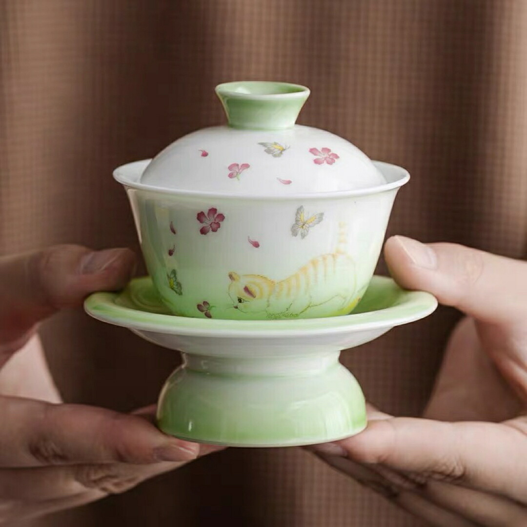 蓋碗 茶杯仕かける 格好のいい 花柄  猫 耐熱磁陶器製の中国茶器 1客 中国茶器-茶道具・湯呑・急須