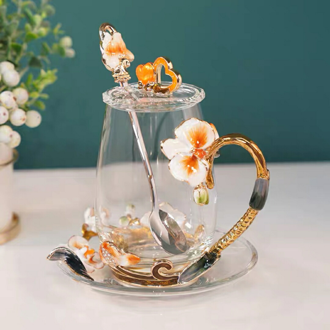 ガラス製ティー・コーヒーカップセットカップ＆ソーサー1客 琺瑯彩カップ 花柄