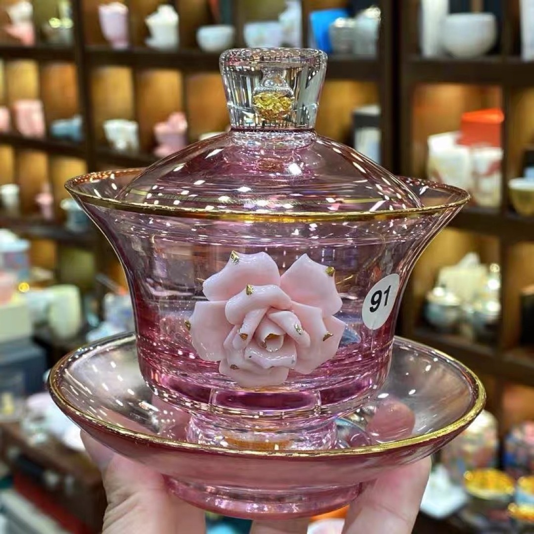 高級 蓋碗　茶杯セット 金箔入れ　花柄おしゃれ　耐熱ガラス製の中国茶器 1客｜SSG SHOP
