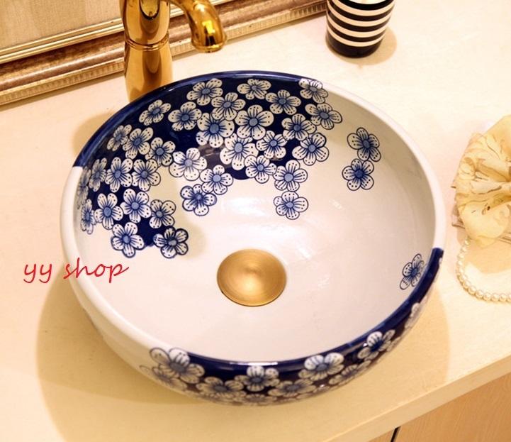 0121F34豪華洗面ボウルセット陶器洗面台 トイレ 手水鉢 手洗器 手洗い鉢 洗面器　蛇口 排水金具付き