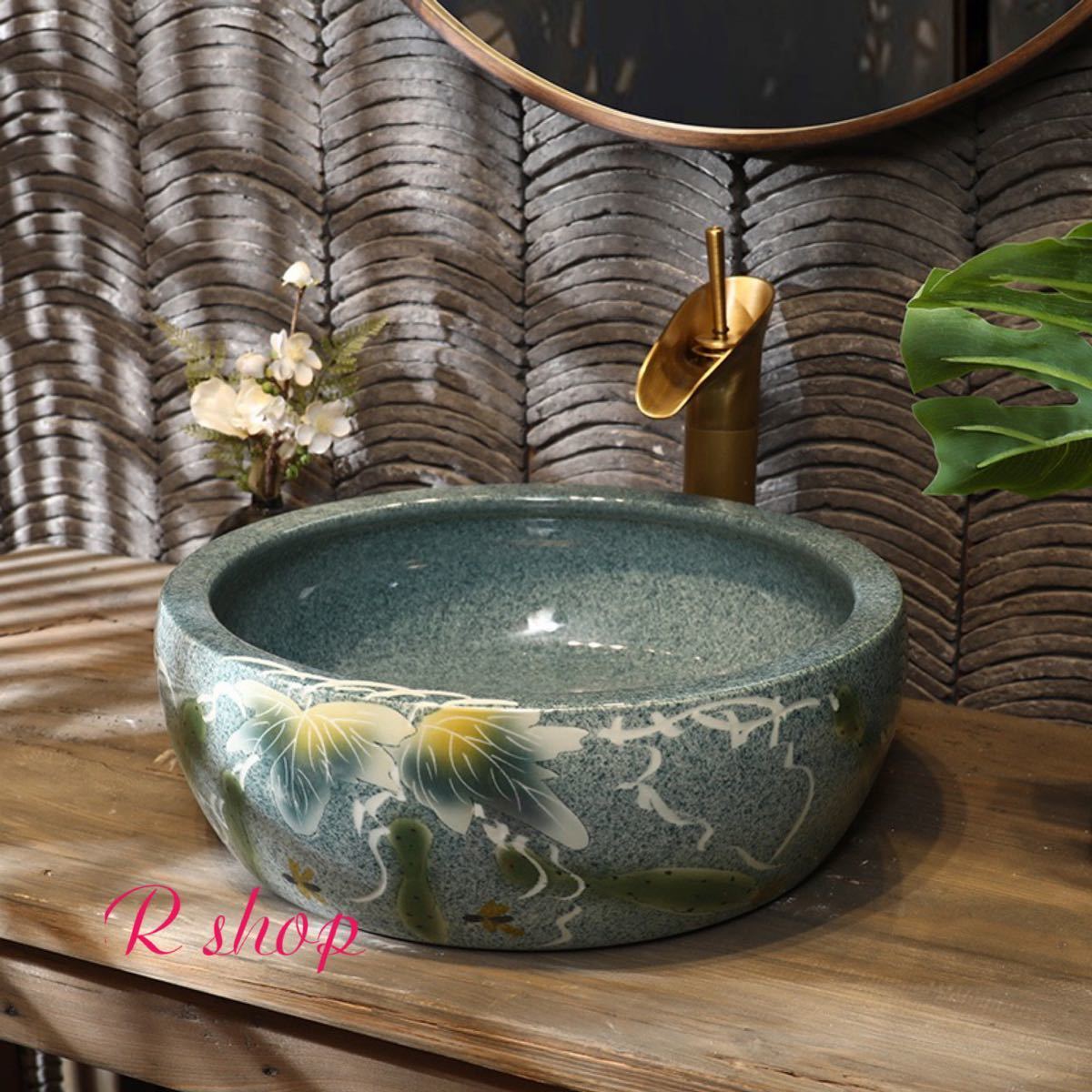 高級洗面台 洗面ボウルセット． 洗面ボール 陶器 手水鉢 手洗器 手洗い鉢 洗面器 蛇口 排水金具付き