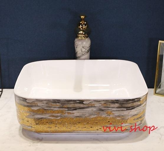 0121F159-3豪華洗面ボウルセット陶器洗面台 トイレ 手水鉢 手洗器 手洗い鉢 洗面器　蛇口 排水金具付き