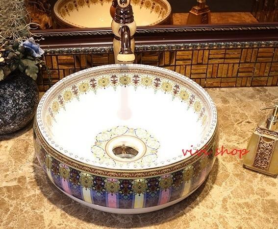 1220豪華洗面ボウルセット陶器洗面台 トイレ 手水鉢 手洗器 手洗い鉢 洗面器 蛇口 排水金具付き