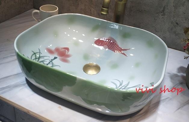 0121F166-6豪華洗面ボウルセット陶器洗面台 トイレ 手水鉢 手洗器 手洗い鉢 洗面器　蛇口 排水金具付き