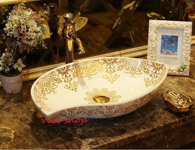 0121F183豪華洗面ボウルセット陶器洗面台 トイレ 手水鉢 手洗器 手洗い鉢 洗面器　蛇口 排水金具付き