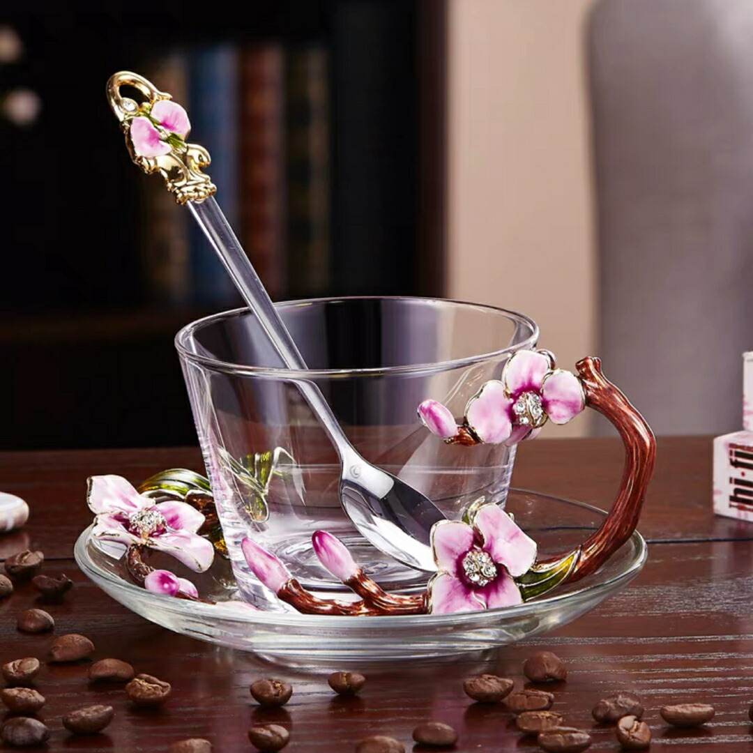 ガラス製ティーコーヒーカップ カップ&ソーサー1客 花柄 琺瑯質彩カップ|SSG SHOP