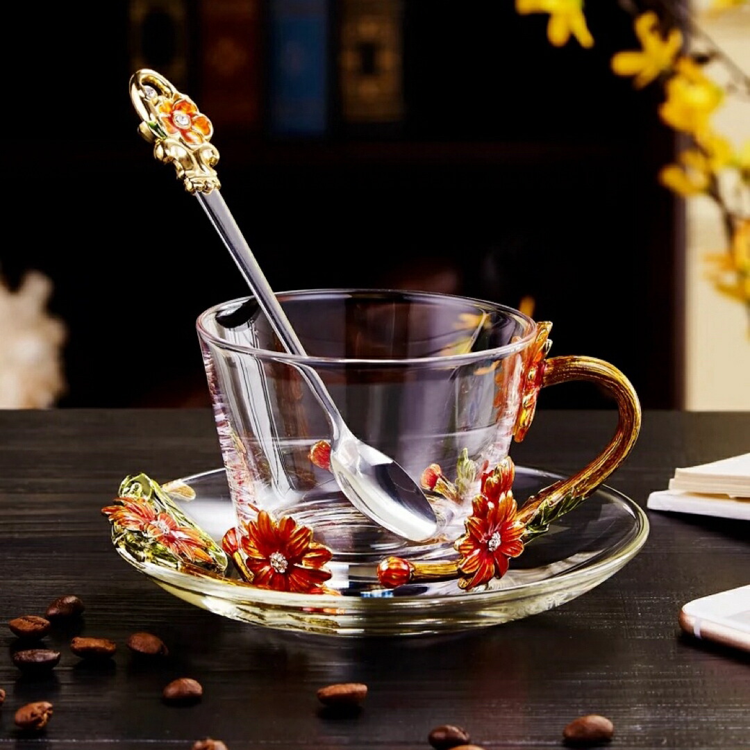 ガラス製ティーコーヒーカップ カップ＆ソーサー1客 花柄 琺瑯質彩カップ