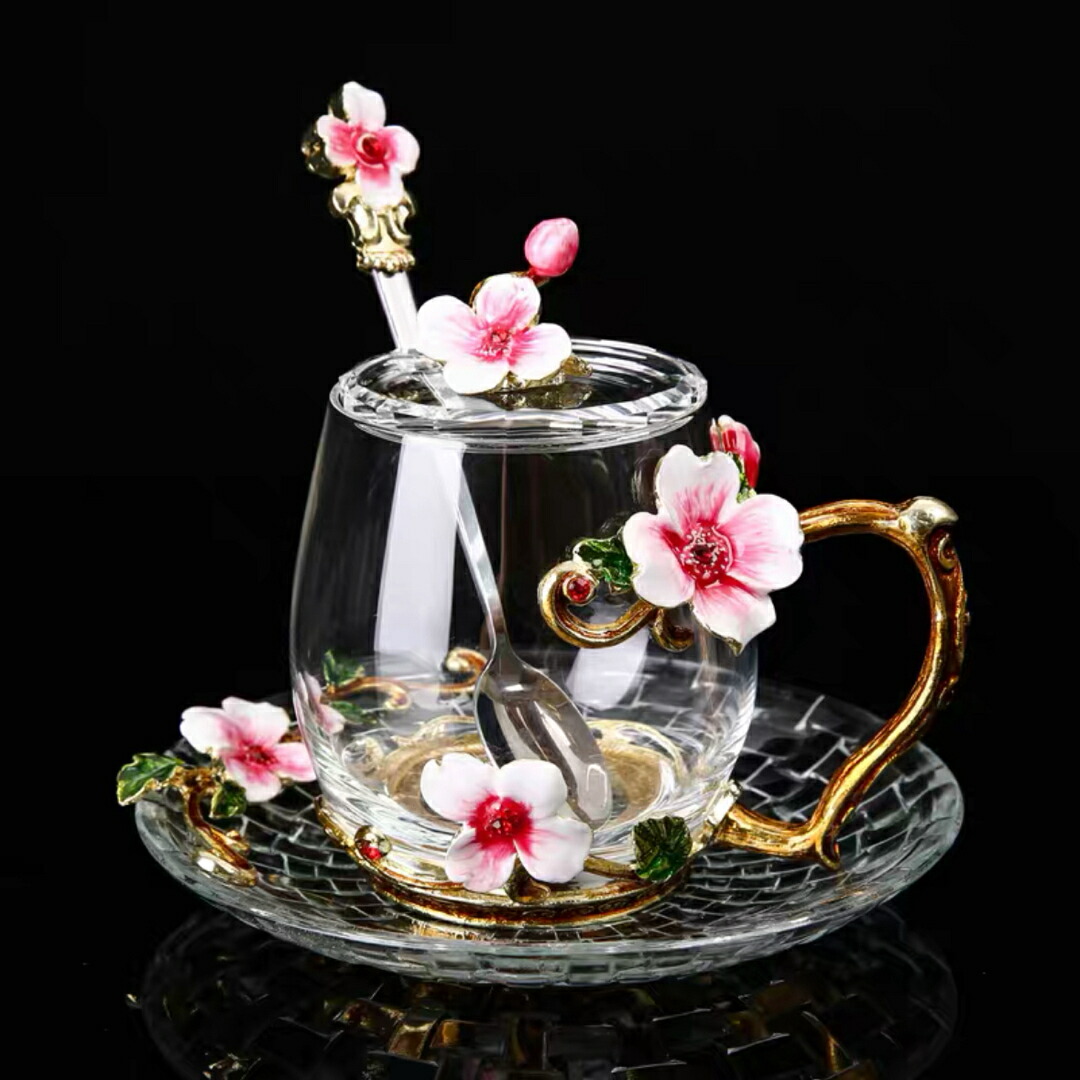 ガラス製ティーコーヒーカップ カップ＆ソーサー1客 花柄 琺瑯質彩カップ