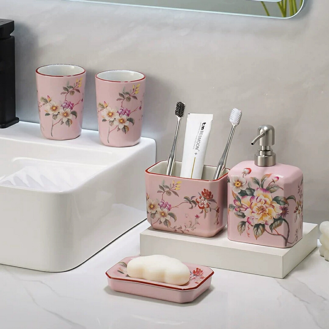 Rady 花柄デザイン 歯ブラシスタンド、洗面器・ディスペンサーh他セット 楽天市場】A034185花柄 洗面用品サニタリー6点セット