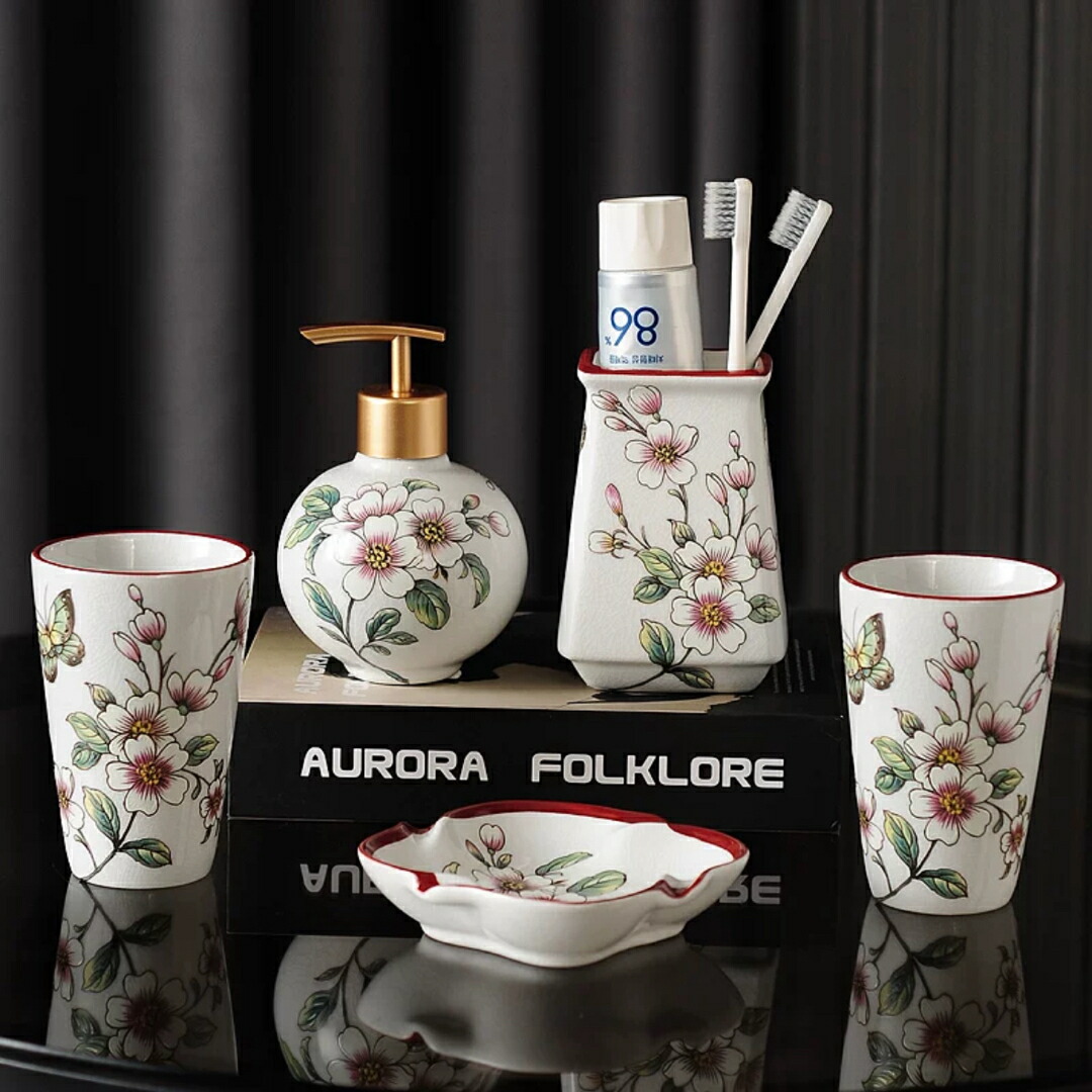 Rady 花柄デザイン 歯ブラシスタンド、洗面器・ディスペンサーh他セット 洗面用品 サニタリー5点セットディスペンサー 歯ブラシスタンド