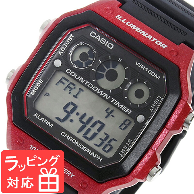 カシオ CASIO スタンダード スポーツ デジタル ストップウオッチ ワールドタイム ユニセックス メンズ 腕時計 AE-1300WH-4A ブラック/レッド 海外モデル