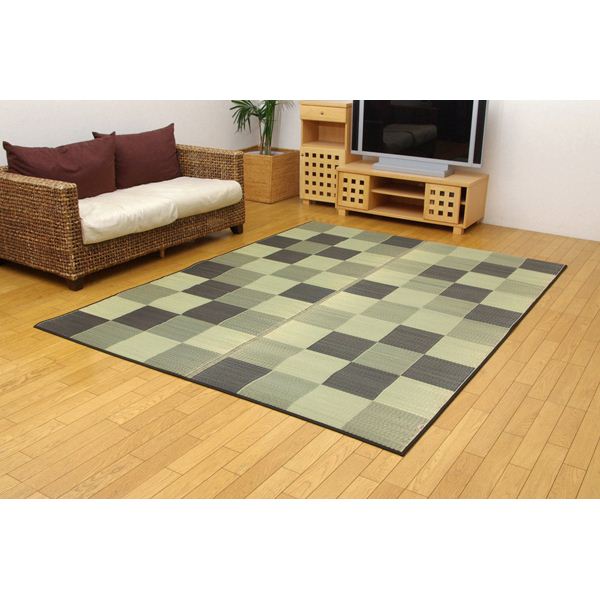 日本製 い草 ラグマット/絨毯 【ブロック柄 グレー 約191&times;250cm 裏：ウレタン】 調湿 抗菌 防臭 耐久性抜群 〔リビング〕【代引不可】｜Shop　E-ASU