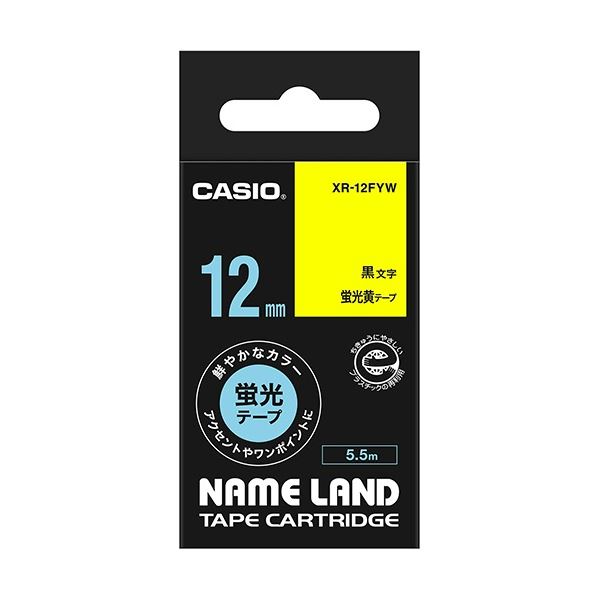 (まとめ) カシオ CASIO 名まえ地びた NAME LAND 標準尺度磁気テープ 12mm×5.5m 螢光黄／黒文字 XR-12FYW 1個  【×10仕かける】