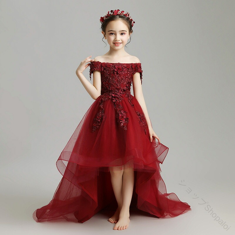 子供 ドレス 女児 ドレス キッズ ドレス 全 3 色 ワイン 赤 ピンク 白 ホワイト オフショルダー 花柄 ロングドレス レース チュール ボートーネック 4 タイプ フォーマル 演奏会ドレス ピアノ 発表会 ドレス トレーンドレス 送料無料 100 110 120 130 140 150 160