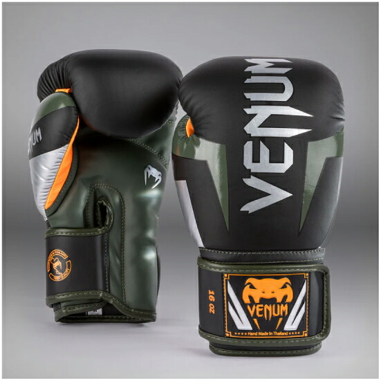 VENUM ヴェナム Elite ボクシンググローブ - ブラック/シルバー/カーキ ベナム VENUM-1392-604 格闘技 キックボクシング 総合
