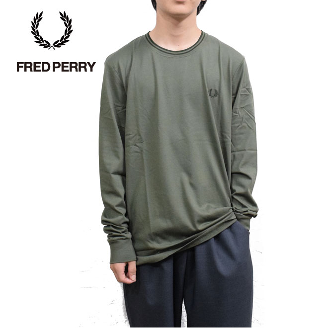 フレッドペリーツイン ティップド ロングスリーブ Tシャツ <br>FRED PERRY M9602 LAUREL-GREEN×NIGHT W49 メンズ レディース ユニセックス Twin Tipped Long Sleeve T-Shirt <br>スポーツスタイル 刺繍 シンプル レギュラーフィット 長袖