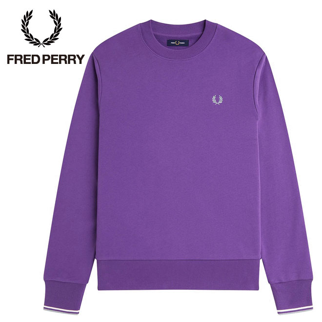 フレッドペリー クルーネックスウェット\u003cBR\u003eFRED PERRY M7535 AMETHYST×ECRU×S-BLUE W95 メンズ \u003cBR\u003e運動競技表現スタイル レギュラー填まる 刺しゅう 分かりやすい 汗水 長袖 Crew Neck Sweatshirt\u003cBR\u003e