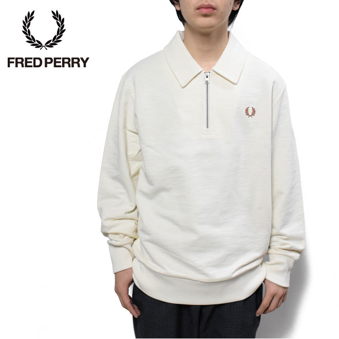 フレッドペリー ジップネック衿付きスウェットシャツ FRED PERRY M6639Ecru：560 メンズ スポーツスタイル レギュラーフィット 刺繍 シンプル スウェット 長袖 ハーフジップ