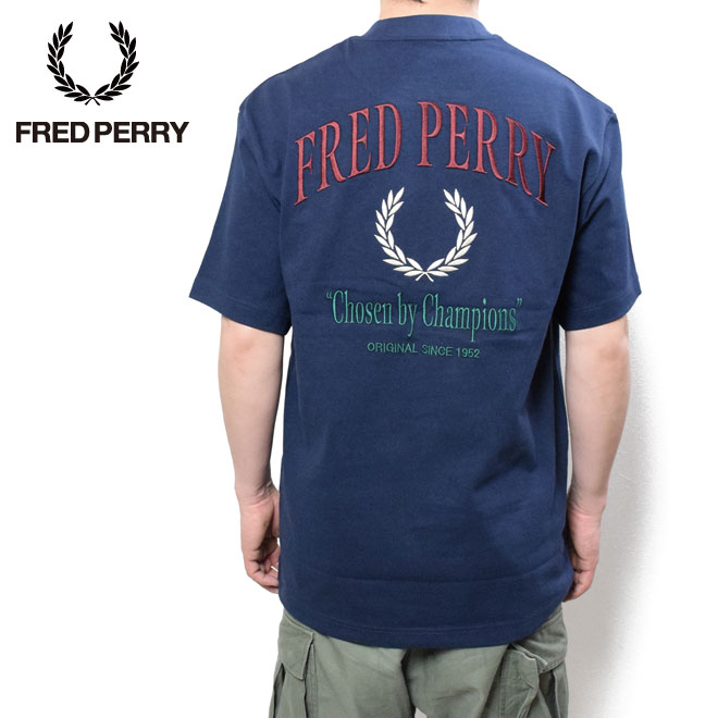 フレッドペリー刺繍入りチャンピオンTシャツ FRED PERRY M9826 TENNIS-BLUE X86 Embroidered Champion T-Shirt メンズ スポーツスタイル クルーネック 刺繍 シンプル