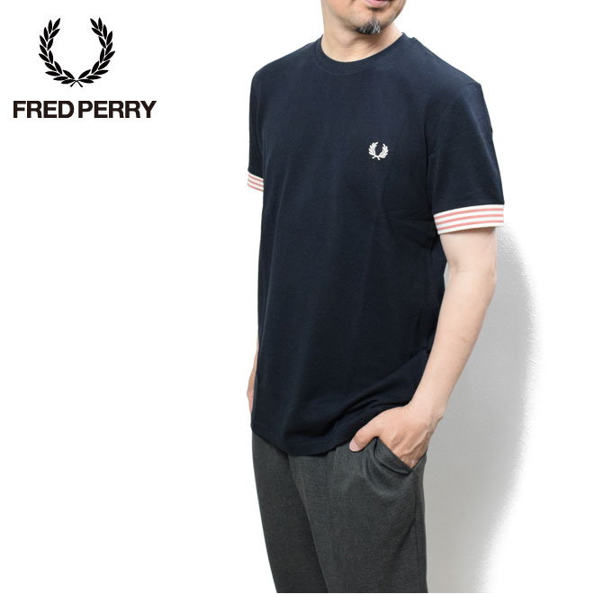 フレッドペリー 鹿の子Tシャツ 半袖 ワンポイント FRED PERRY M7707 NAVY 608 ネイビー メンズ Striped Cuff T-Shirt スポーツスタイル クルーネック 刺繍 シンプル |friends 店