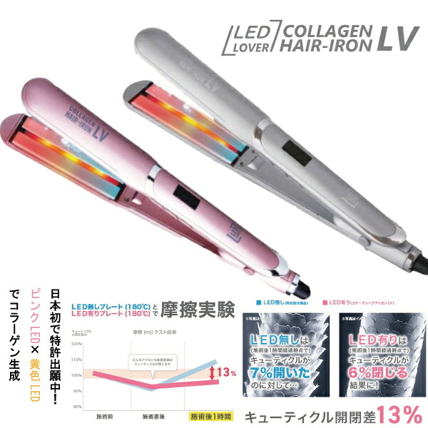 COLLAGEN HAIR-IRON LV コラーゲンヘアアイロン LEDラバー いたわる 美髪 LED ダブル照射 パーティクルイオン 特殊技術 ２WAY 18段階 ピンクLED 黄色 スタイリング トルマリン配合プレート 粒子 マイナスイオン 水分吸着 中和 高温 低温 ダメージケア 60℃ 120℃～230℃｜Beaty＆HealthShopG店