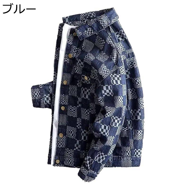 デニムジャケット メンズ チェック柄 韓国風 ファッション ブルゾン カッコイイ トップス ボタン ジージャン Gジャン アウター 春秋 体型カバー 外出 アウトドア カジュアル