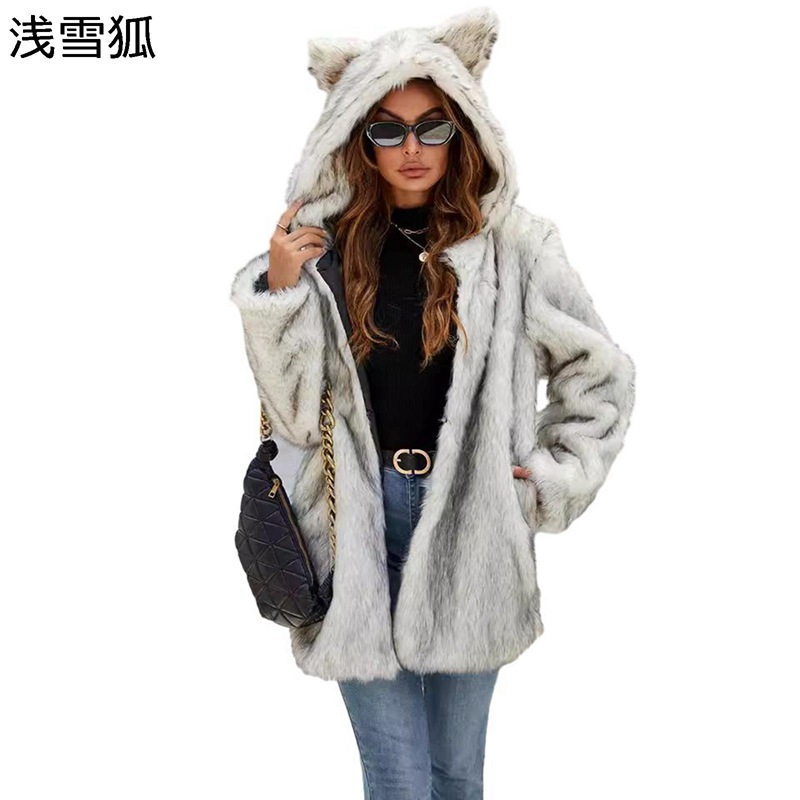 毛革厚地の外套 レディース 獣の皮上衣 ロング丈 秋冬 猫耳 ボンネット付き添い人 フェイクファー 上衣 トップス 成人女性 朦々たる もこもこ 保温 長袖 今めかしい ゆったり 厚地の外套厚地の外套 通い 執務室