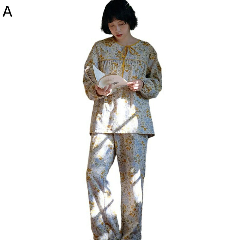 パジャマ 部屋着 綿100 小花柄 コットン レディース セット 長袖 ロングパンツ ゆったり Aライン リボン ルークネック 復古 レトロ ヴィンテージ 寝巻き ナイトウェア 軽量 ソフト 肌に優しい 可愛い