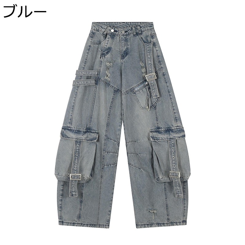 ワイドデニムパンツ ヴィンテージ カーゴジーンズ ウォッシュ加工 春秋冬 ブーツカット Ｇパン ルーズ マルチポケット バギー 長ズボン ゆったり ストリートモード ファション デザイン性