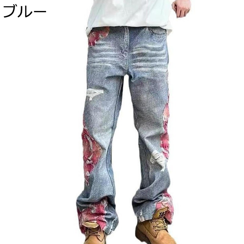 デニムパンツ メンズ プリント ジーンズ ストレート ワイド ゆったり 秋冬 ロングパンツ 大きいサイズ 長ズボン デザイン性 Ｇパン 男女兼用 ヴィンテージ ハイストリート ファション モード系