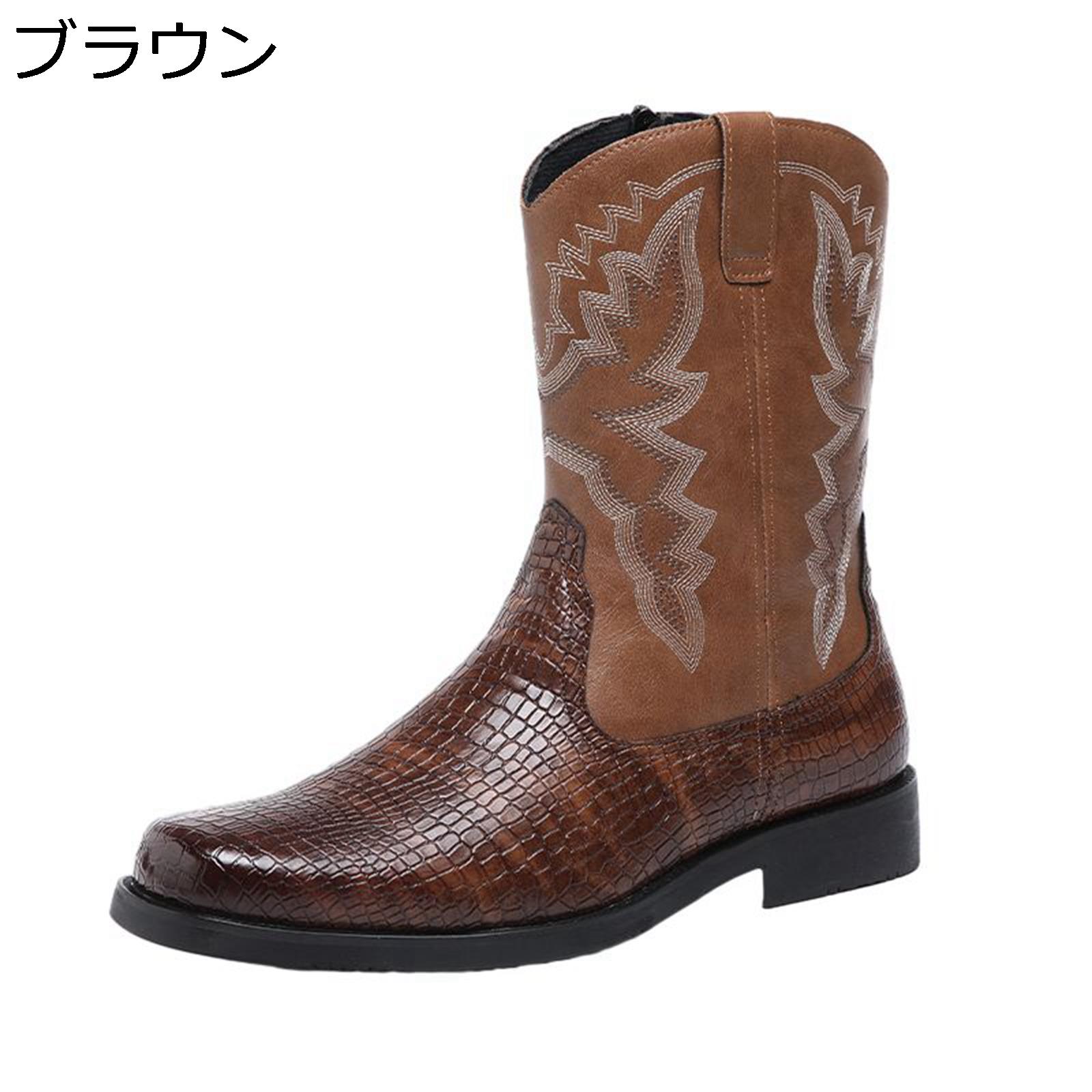 騎士ブーツ メンズ 乗馬ブーツ カウボーイ レトロ 欧米風 クロコダイル 刺繍 ?士靴 ミドル丈 耐磨耗性 防滑 ポインテッドトゥ 太めヒール ファッション 屋外 贈り物 西部のロデオ 秋冬