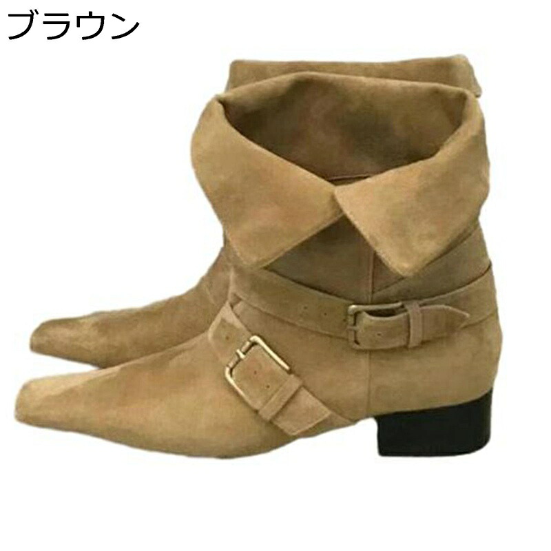 ミドルブーツ レディース ジョッキーブーツ 秋 ゆったり ポインテッドトゥ 折り返し ベルト付き 散歩 防寒 安定感 耐磨耗 ゴシック ビジュアル系 モード系 デート パーティー 脚やせ
